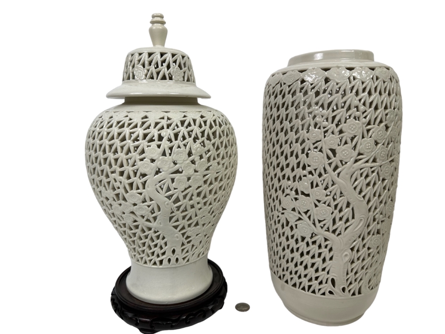 Pair Of Vintage Chinese White Reticulated Porcelain Jars Vases 17H