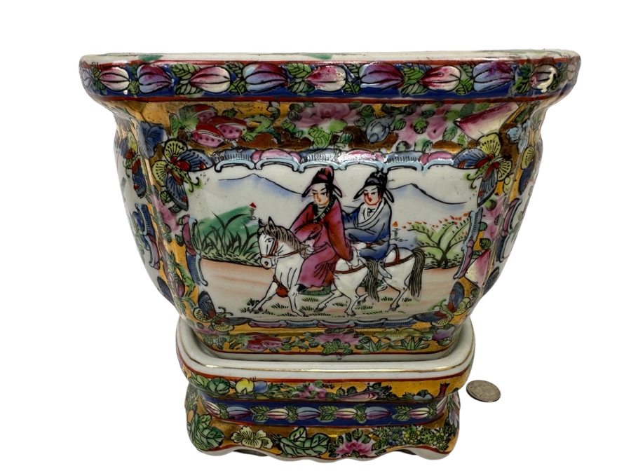Vintage Chinese Hand Painted Porcelain Planter With Stand 10W X 8D X 9H