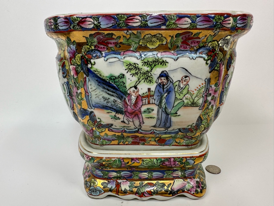 Vintage Chinese Hand Painted Porcelain Planter With Stand 10W X 8D X 9H [Photo 2]