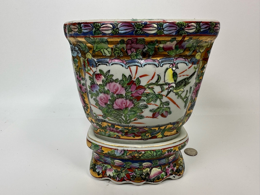 Vintage Chinese Hand Painted Porcelain Planter With Stand 10W X 8D X 9H [Photo 5]