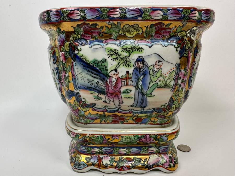 Vintage Chinese Hand Painted Porcelain Planter With Stand 10W X 8D X 9H [Photo 3]