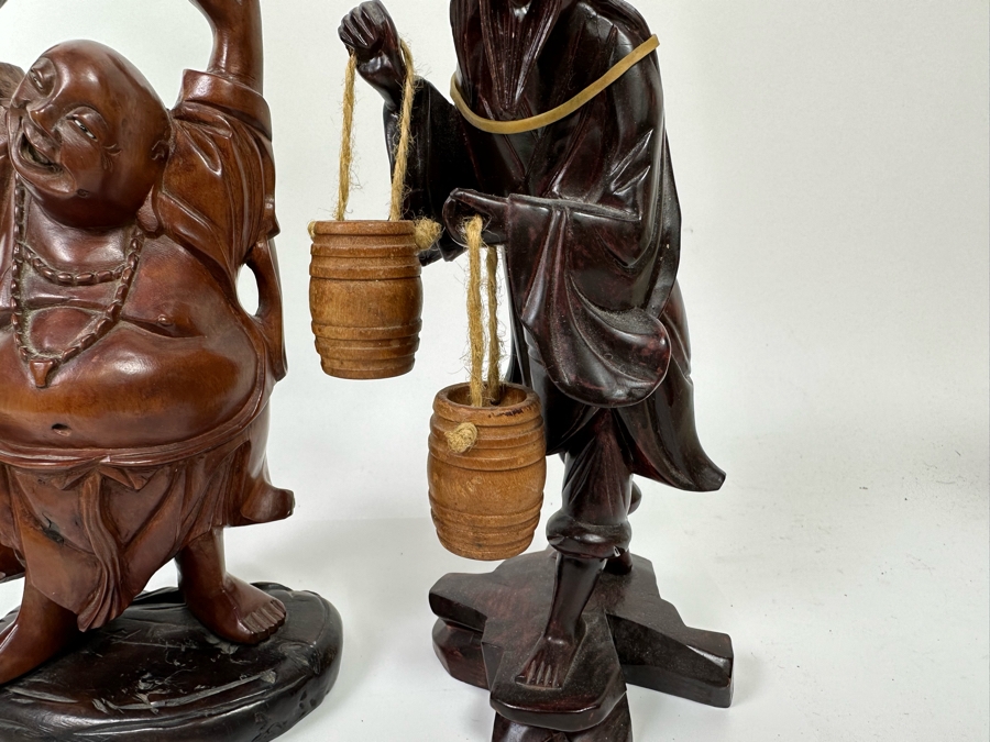 Set Of Three Hand Carved Wooden Chinese Figurines Laughing Buddha [Photo 7]