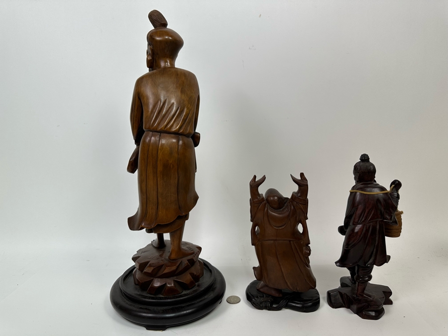 Set Of Three Hand Carved Wooden Chinese Figurines Laughing Buddha [Photo 12]