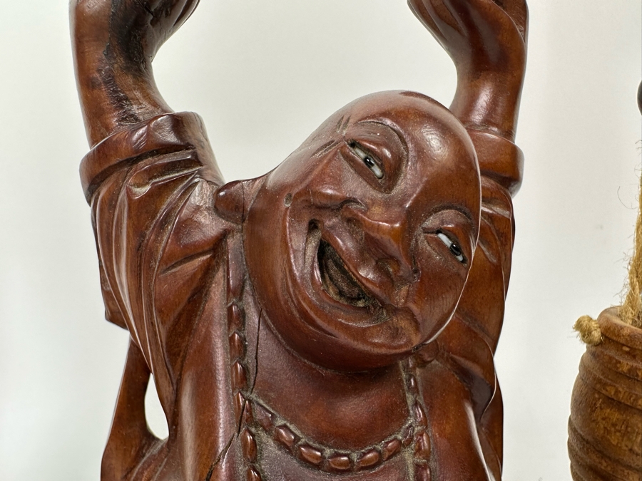 Set Of Three Hand Carved Wooden Chinese Figurines Laughing Buddha [Photo 5]