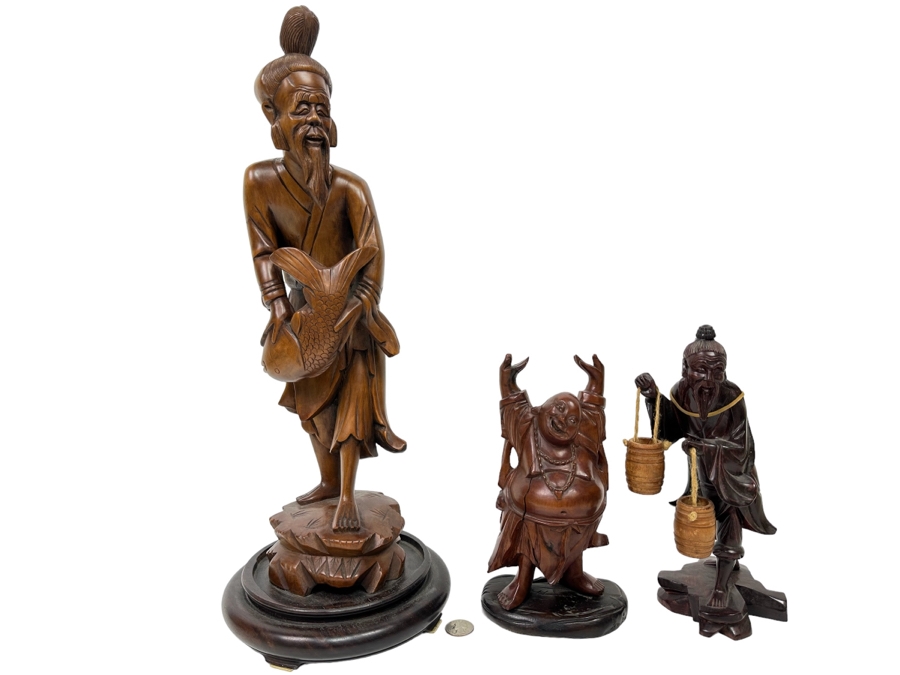 Set Of Three Hand Carved Wooden Chinese Figurines Laughing Buddha