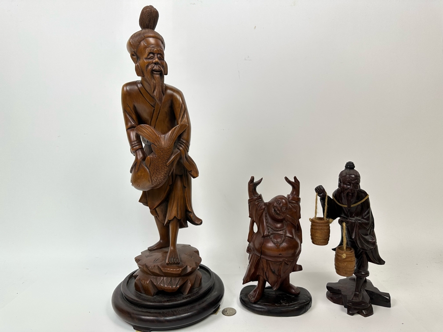 Set Of Three Hand Carved Wooden Chinese Figurines Laughing Buddha [Photo 3]