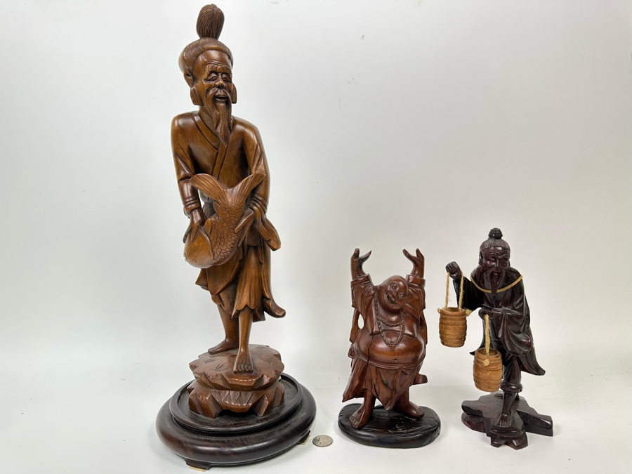 Set Of Three Hand Carved Wooden Chinese Figurines Laughing Buddha [Photo 2]