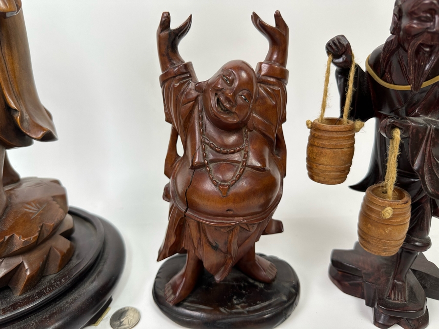 Set Of Three Hand Carved Wooden Chinese Figurines Laughing Buddha [Photo 4]