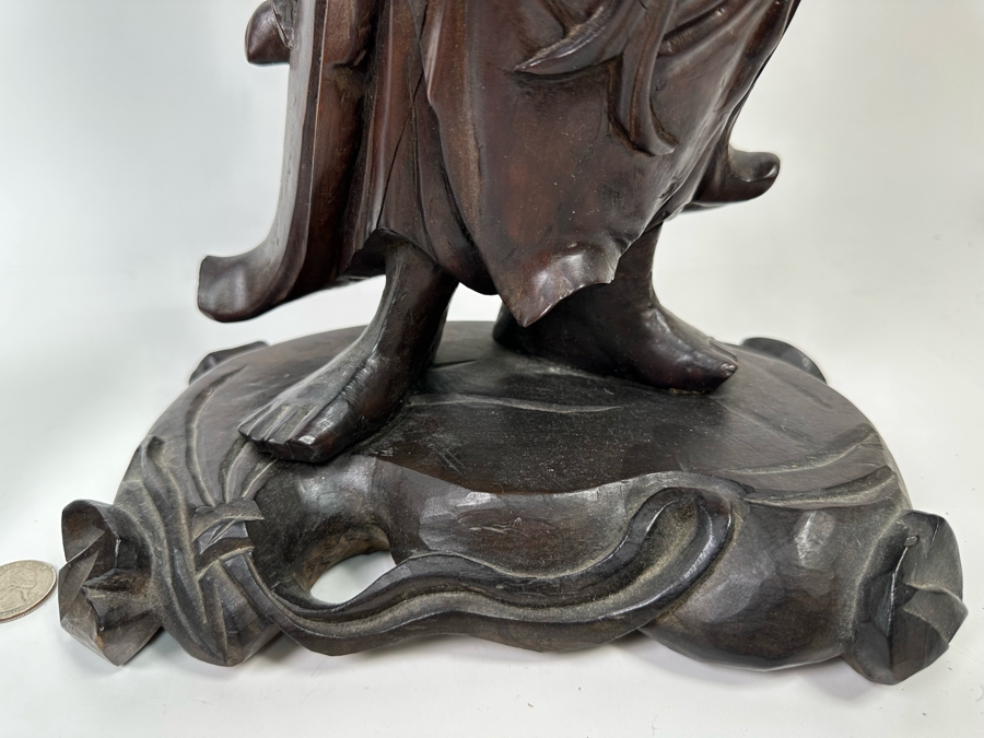 Pair Of Vintage Chinese Carved Wooden Buddha Figurines 7.5H And 17.5H [Photo 5]