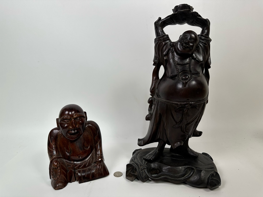 Pair Of Vintage Chinese Carved Wooden Buddha Figurines 7.5H And 17.5H [Photo 4]