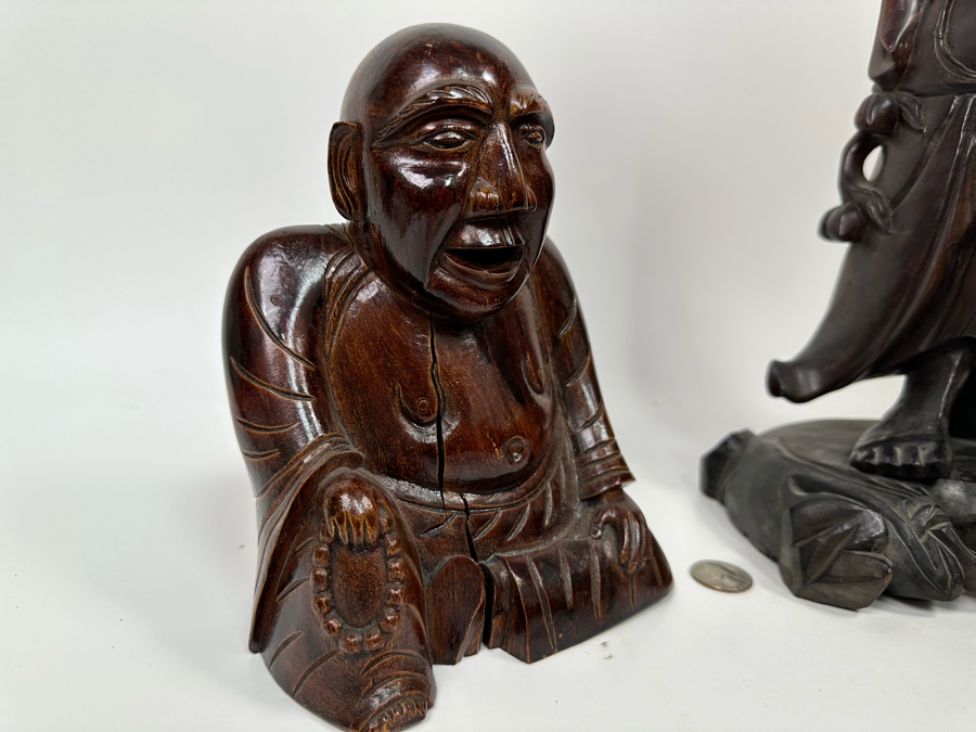 Pair Of Vintage Chinese Carved Wooden Buddha Figurines 7.5H And 17.5H [Photo 11]