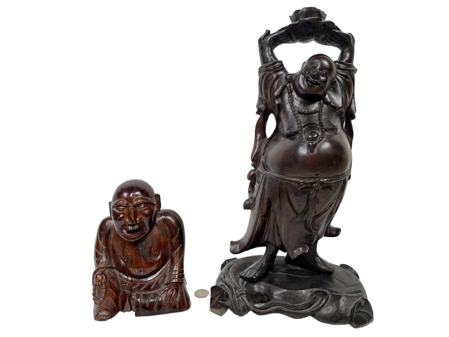 Pair Of Vintage Chinese Carved Wooden Buddha Figurines 7.5H And 17.5H