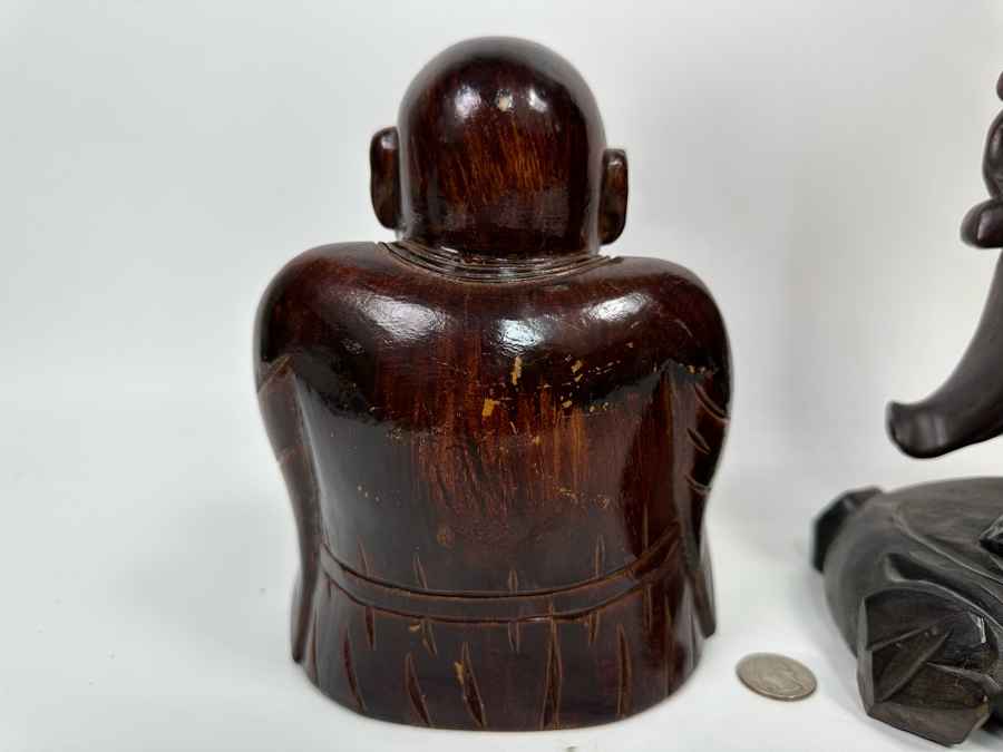 Pair Of Vintage Chinese Carved Wooden Buddha Figurines 7.5H And 17.5H [Photo 13]