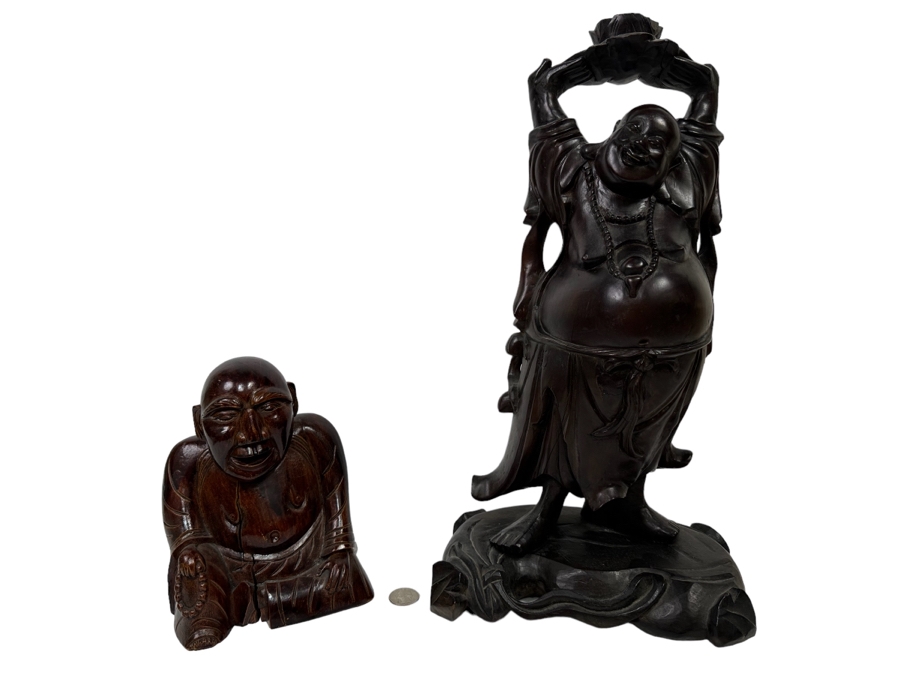 Pair Of Vintage Chinese Carved Wooden Buddha Figurines 7.5H And 17.5H [Photo 2]