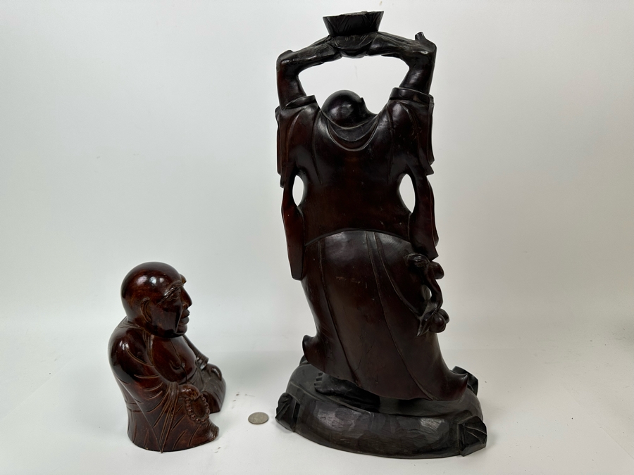 Pair Of Vintage Chinese Carved Wooden Buddha Figurines 7.5H And 17.5H