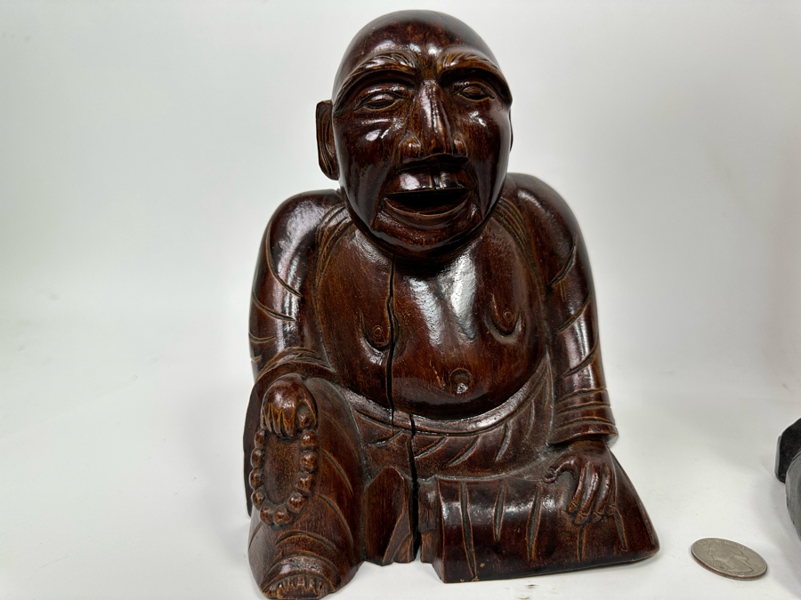 Pair Of Vintage Chinese Carved Wooden Buddha Figurines 7.5H And 17.5H [Photo 12]