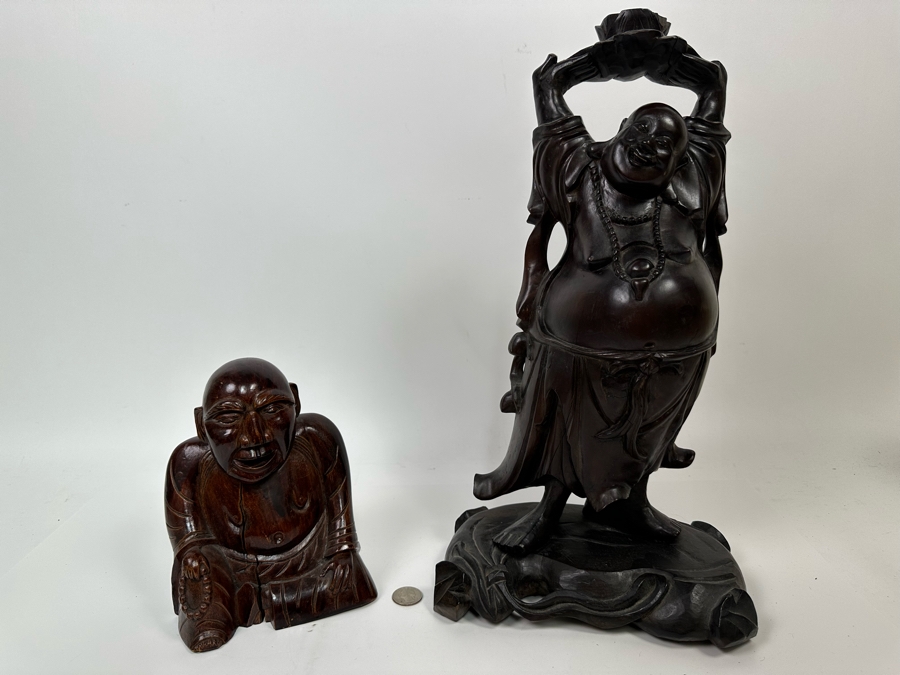 Pair Of Vintage Chinese Carved Wooden Buddha Figurines 7.5H And 17.5H [Photo 3]
