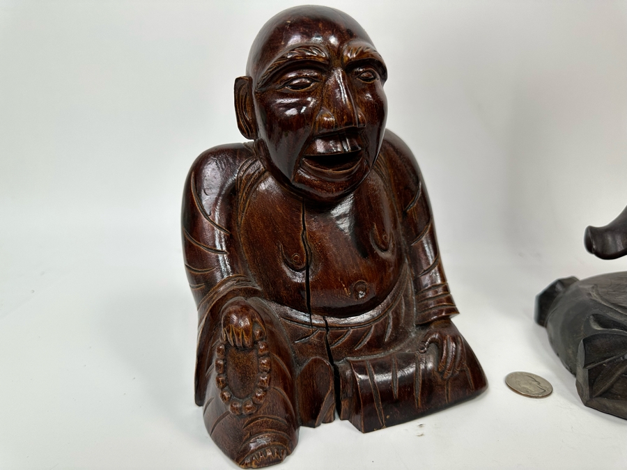 Pair Of Vintage Chinese Carved Wooden Buddha Figurines 7.5H And 17.5H [Photo 10]
