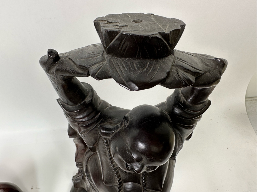 Pair Of Vintage Chinese Carved Wooden Buddha Figurines 7.5H And 17.5H [Photo 9]