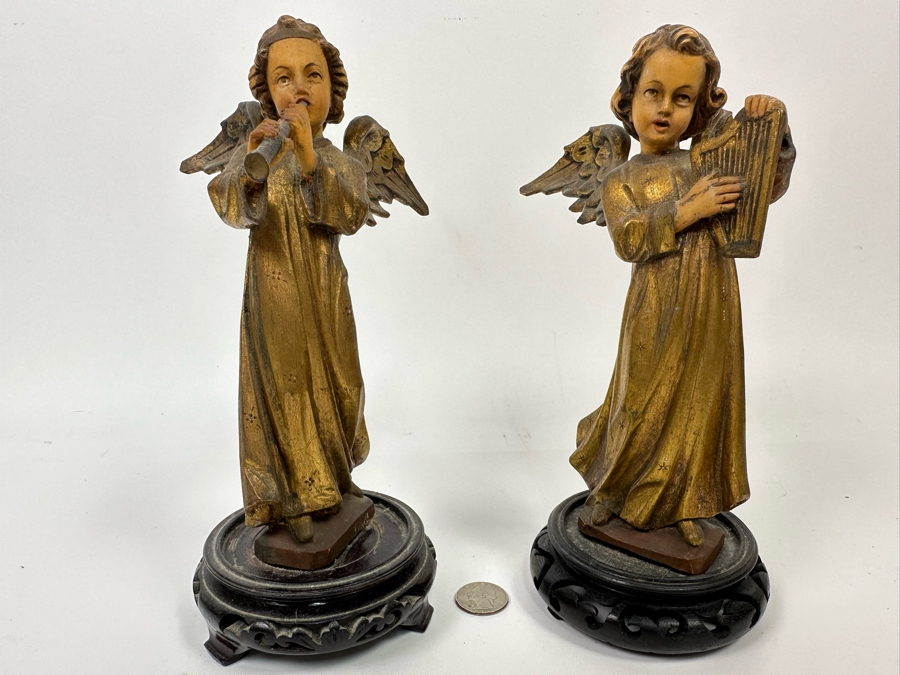 Pair Of Vintage Hand Painted Wooden Angel Figurines 9.5H [Photo 3]