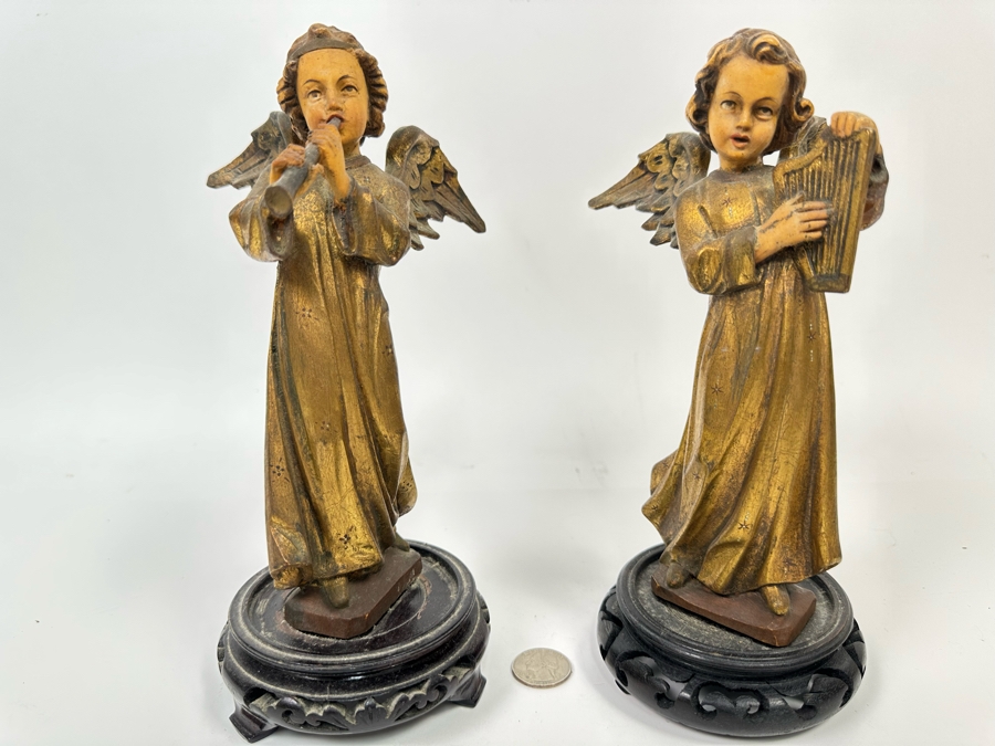 Pair Of Vintage Hand Painted Wooden Angel Figurines 9.5H [Photo 2]