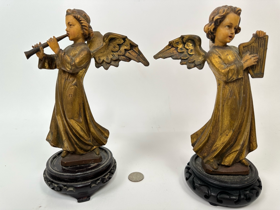 Pair Of Vintage Hand Painted Wooden Angel Figurines 9.5H [Photo 7]