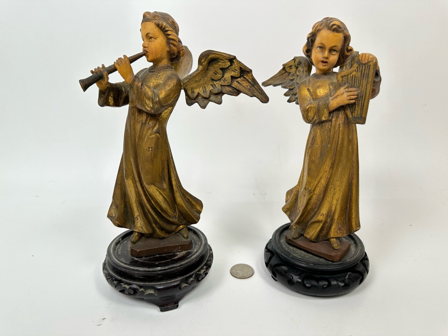Pair Of Vintage Hand Painted Wooden Angel Figurines 9.5H [Photo 6]