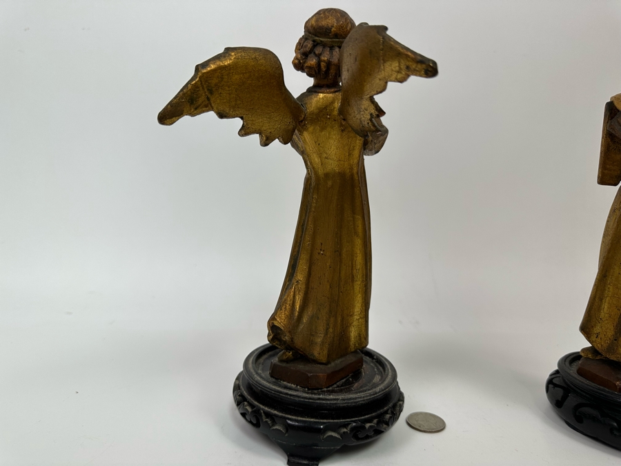 Pair Of Vintage Hand Painted Wooden Angel Figurines 9.5H [Photo 11]