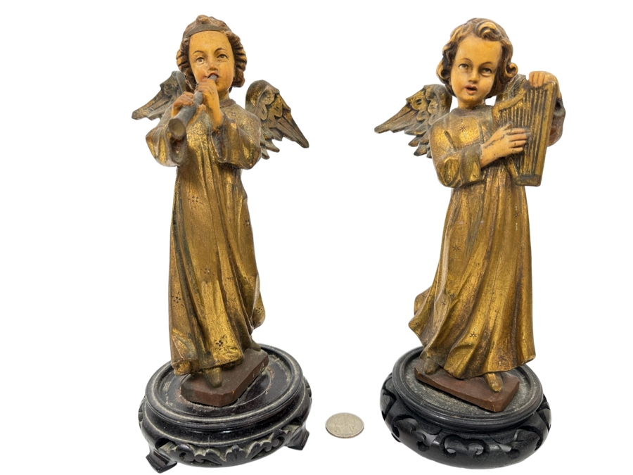 Pair Of Vintage Hand Painted Wooden Angel Figurines 9.5H [Photo 1]