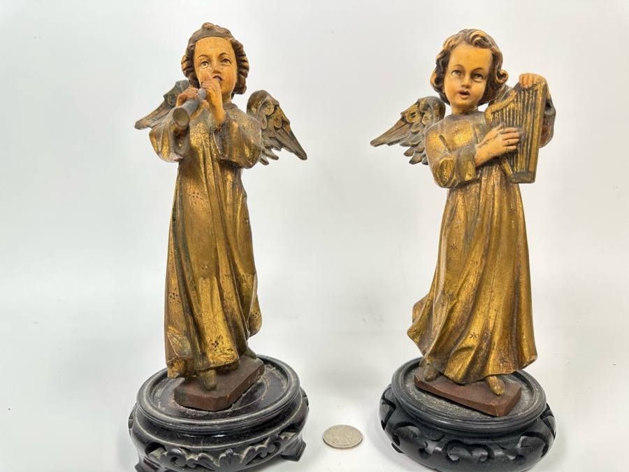 Pair Of Vintage Hand Painted Wooden Angel Figurines 9.5H [Photo 4]