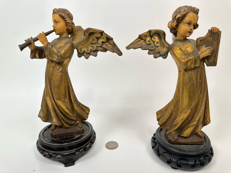 Pair Of Vintage Hand Painted Wooden Angel Figurines 9.5H [Photo 8]