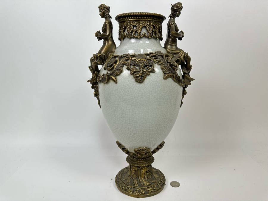 Crackled Porcelain With Brass Urn Vase 16.5H [Photo 2]