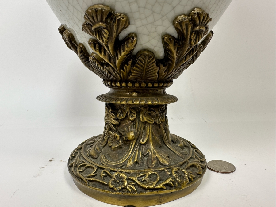 Crackled Porcelain With Brass Urn Vase 16.5H [Photo 7]