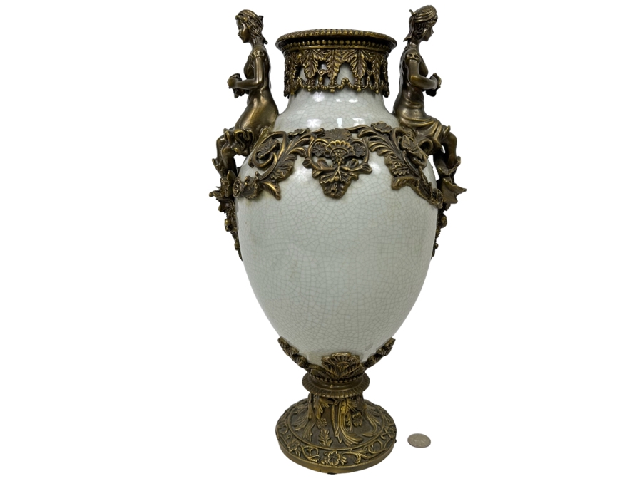 Crackled Porcelain With Brass Urn Vase 16.5H [Photo 1]