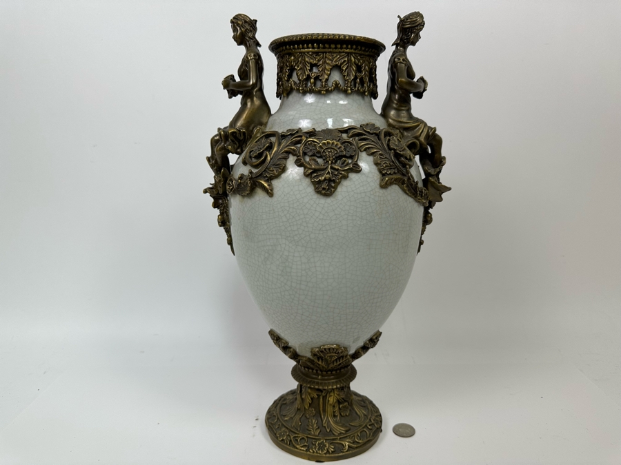 Crackled Porcelain With Brass Urn Vase 16.5H [Photo 3]