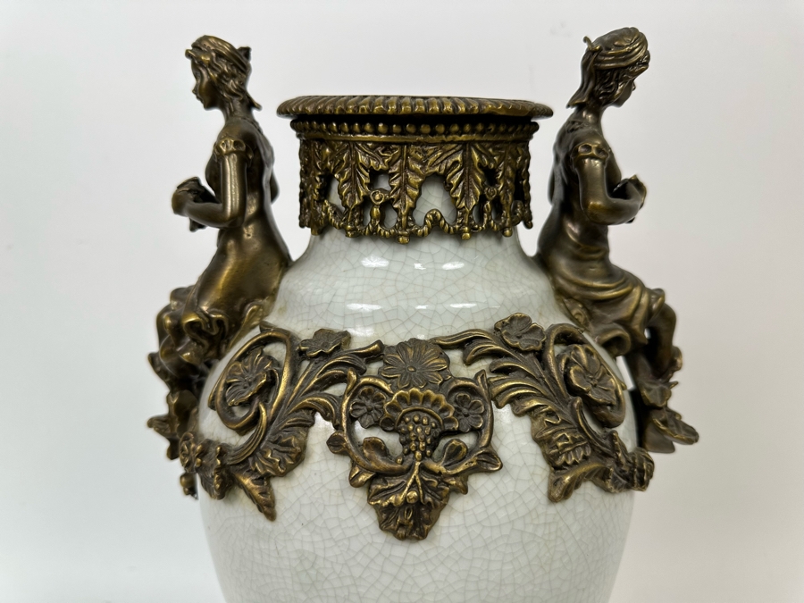 Crackled Porcelain With Brass Urn Vase 16.5H [Photo 4]
