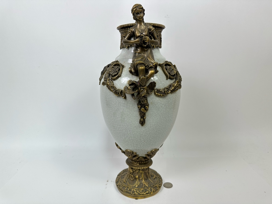 Crackled Porcelain With Brass Urn Vase 16.5H [Photo 5]