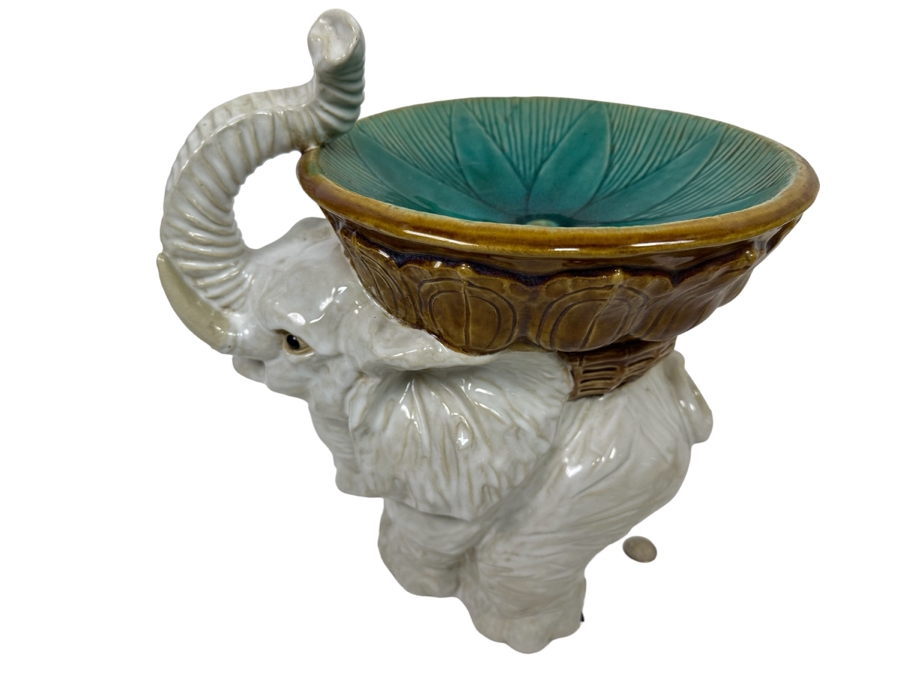 Glazed Ceramic Majolica Lucky Elephant Key Dish 13W X 7D X 14H