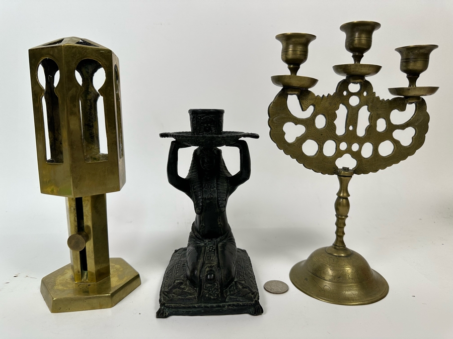 Vintage Brass Candleholder, Egyptian Design Metal Candleholder And Chinese Brass Candleholder [Photo 3]