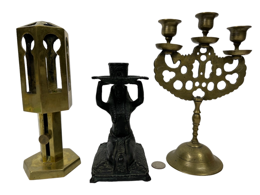 Vintage Brass Candleholder, Egyptian Design Metal Candleholder And Chinese Brass Candleholder