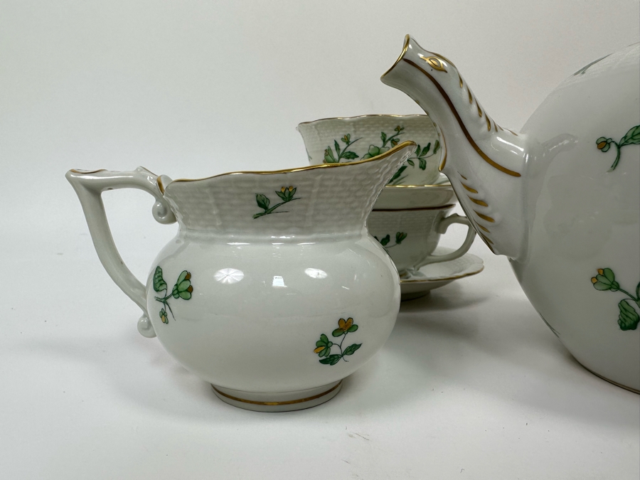 Herend Hungary Tea Service Featuring Teapot, Sugar And Creamer A Four Cups And Saucers [Photo 9]