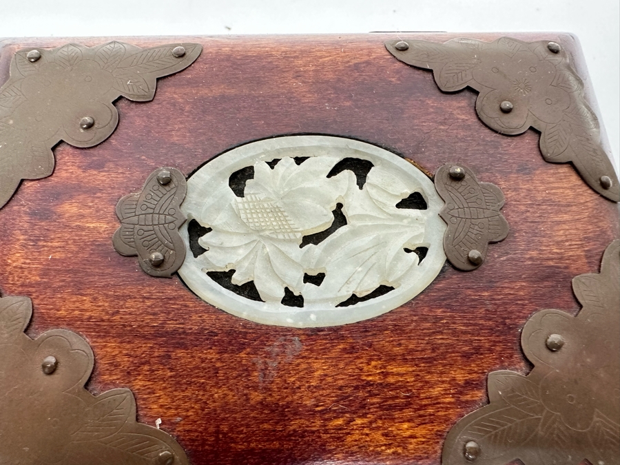 Small Chinese Wooden Jewelry Box With Brass Ornamentation And Carved Stone 5W X 4D X 3H [Photo 5]