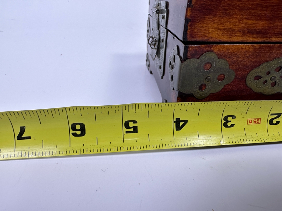 Small Chinese Wooden Jewelry Box With Brass Ornamentation And Carved Stone 5W X 4D X 3H [Photo 12]