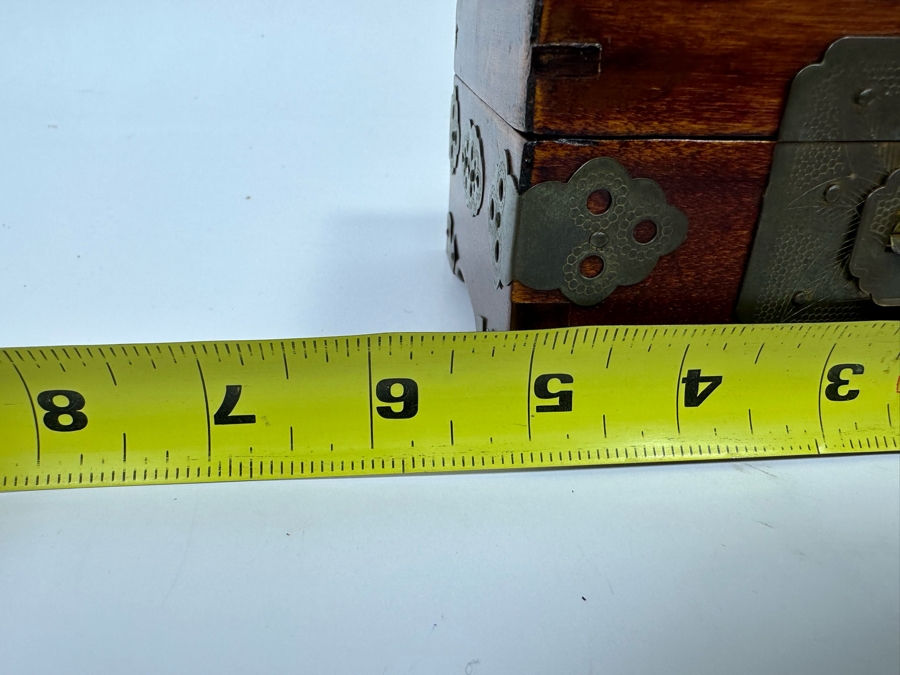 Small Chinese Wooden Jewelry Box With Brass Ornamentation And Carved Stone 5W X 4D X 3H [Photo 11]