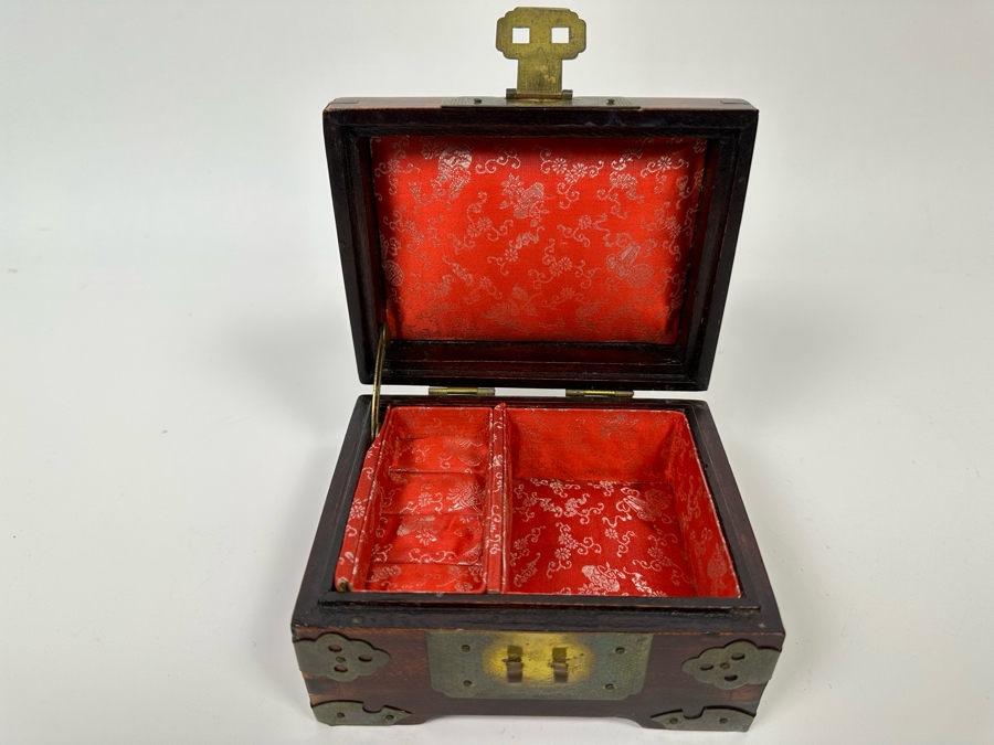 Small Chinese Wooden Jewelry Box With Brass Ornamentation And Carved Stone 5W X 4D X 3H [Photo 10]