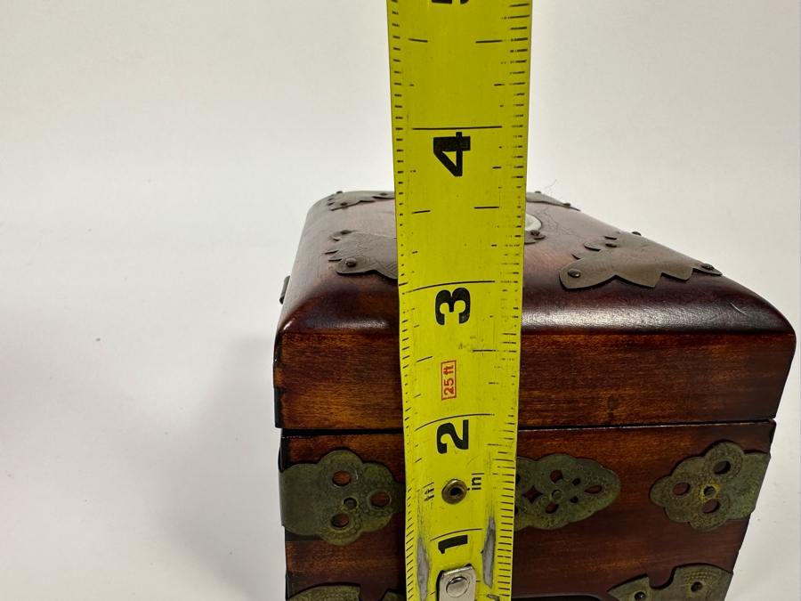 Small Chinese Wooden Jewelry Box With Brass Ornamentation And Carved Stone 5W X 4D X 3H [Photo 13]