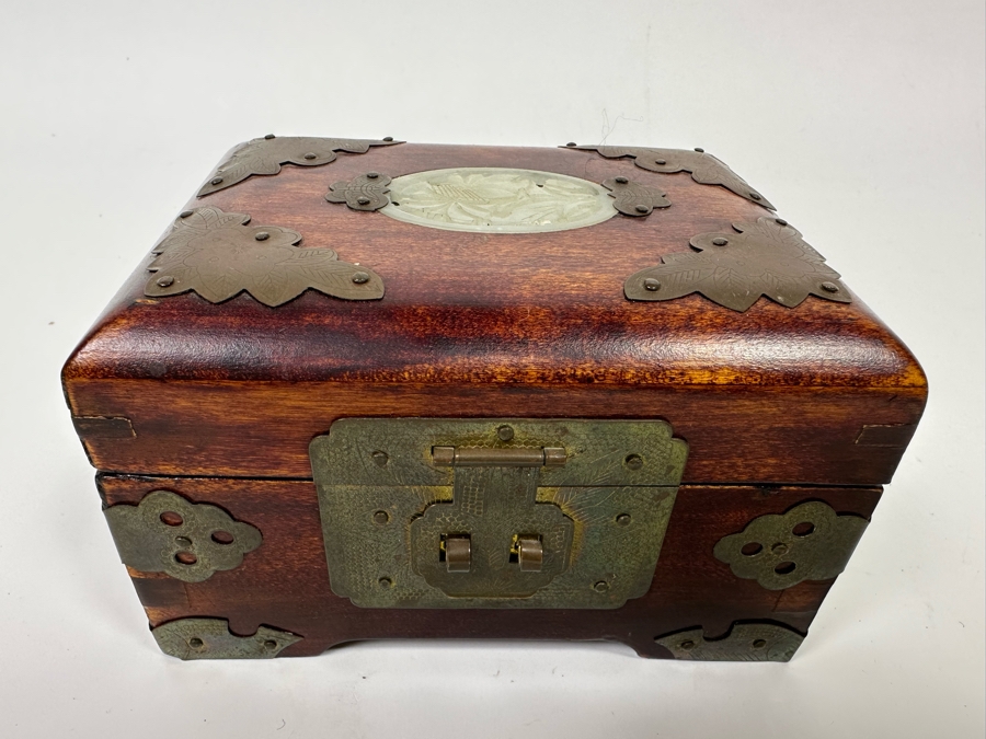 Small Chinese Wooden Jewelry Box With Brass Ornamentation And Carved Stone 5W X 4D X 3H [Photo 2]
