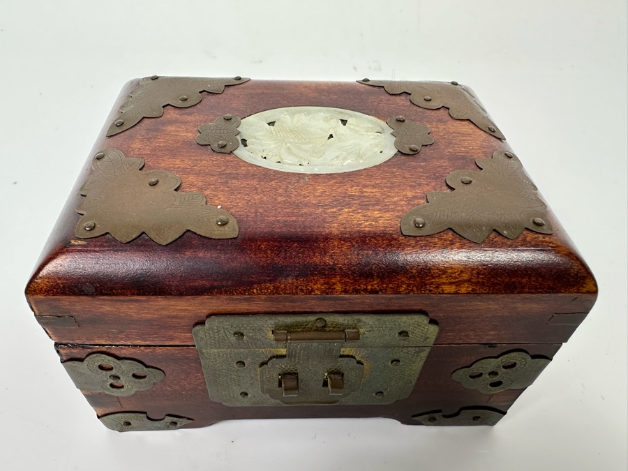 Small Chinese Wooden Jewelry Box With Brass Ornamentation And Carved Stone 5W X 4D X 3H [Photo 3]