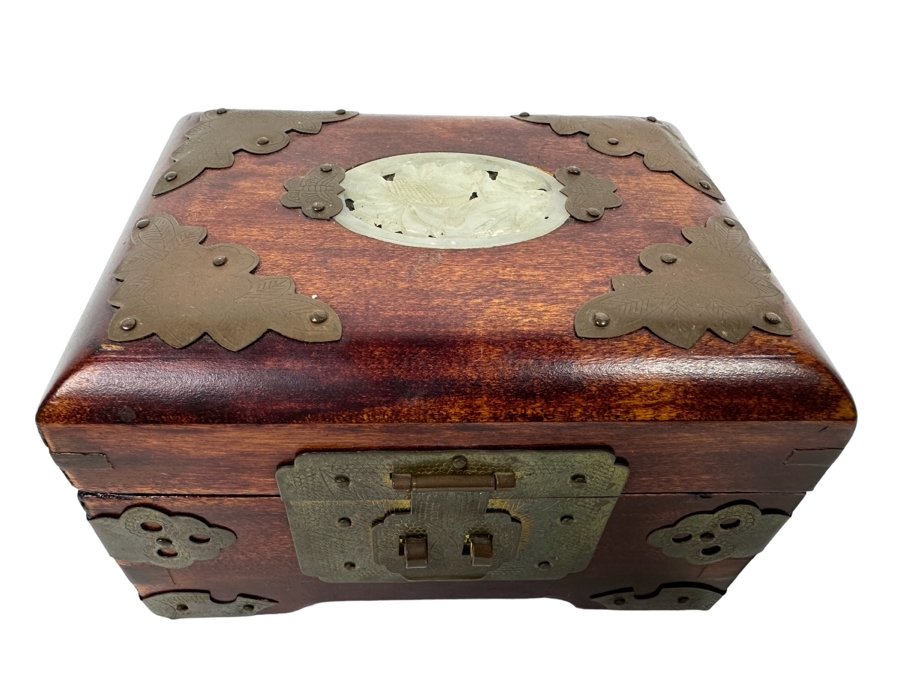 Small Chinese Wooden Jewelry Box With Brass Ornamentation And Carved Stone 5W X 4D X 3H [Photo 1]