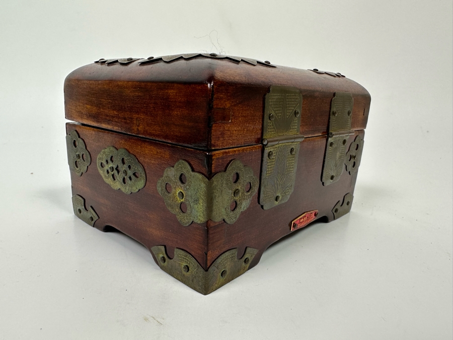 Small Chinese Wooden Jewelry Box With Brass Ornamentation And Carved Stone 5W X 4D X 3H [Photo 7]